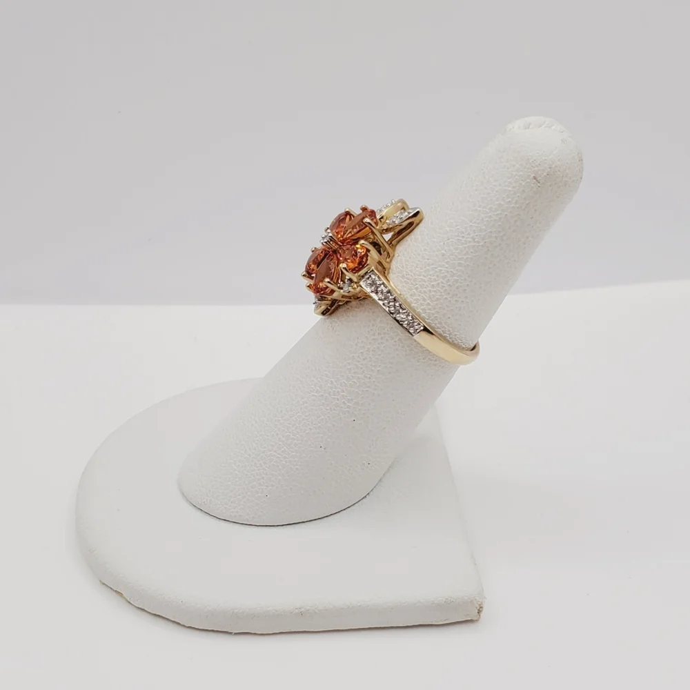 10k Solid Yellow Gold Genuine Spessartite Mandarin Garnet & Diamond Flower Ring
